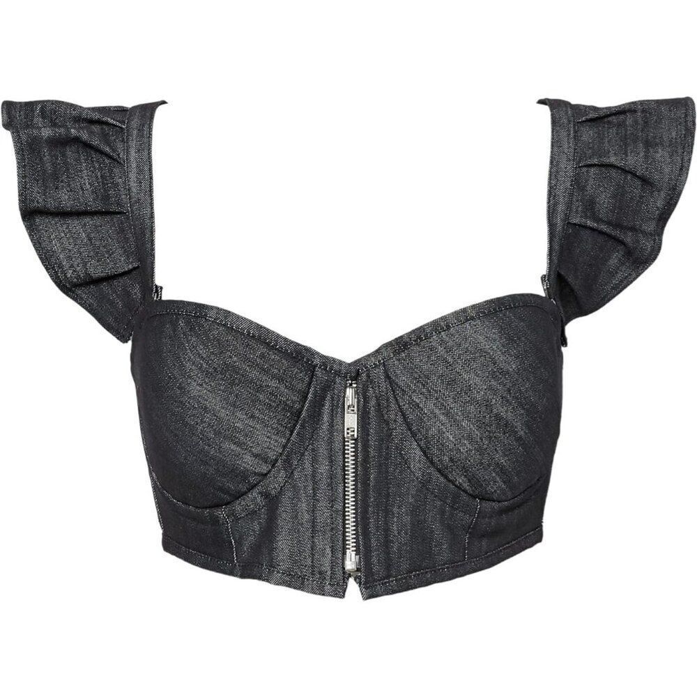 Lavish L Daisy Corsets black gray ruffled Denim Bustier shirt bra crop top